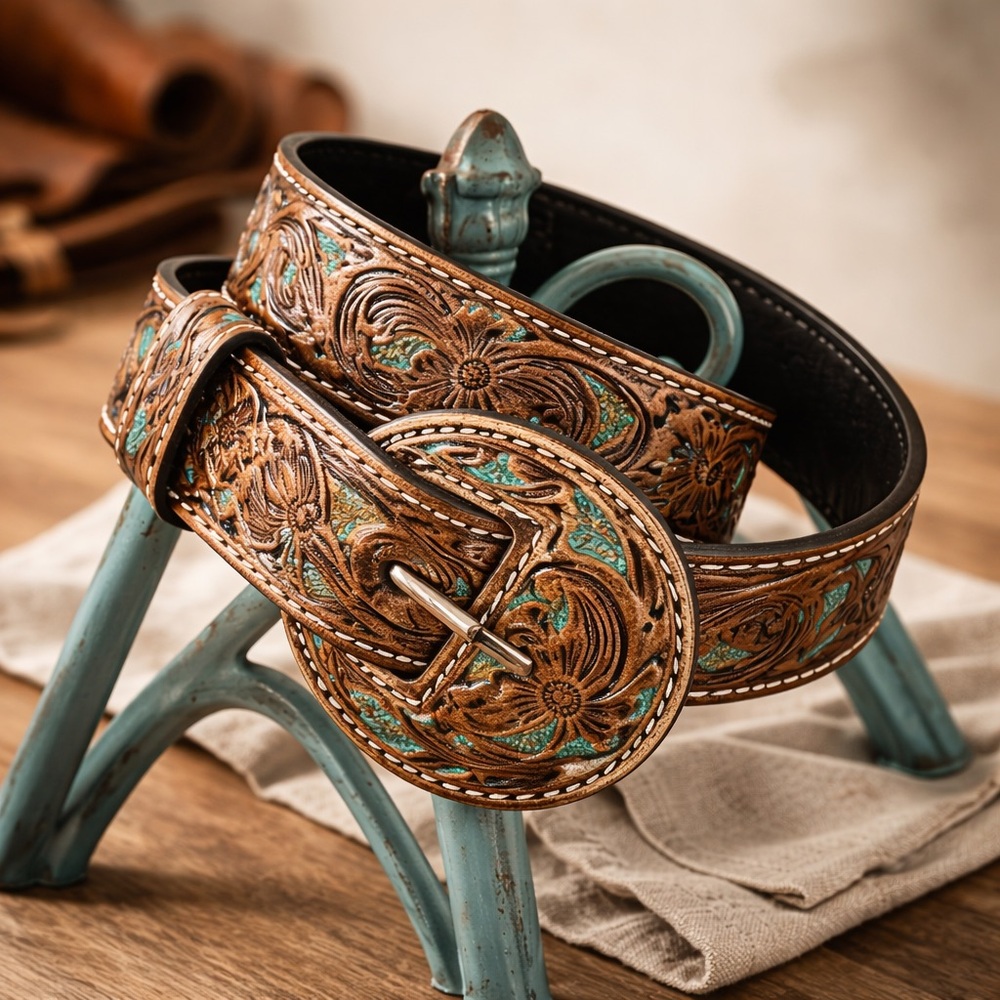 Myra Bag Brown and Turquoise Tooled Leather Belt